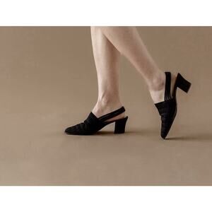 Y2k 90s Vintage 7.5 Slingback Black Woven Sandal Leather Sole Low Block Heel